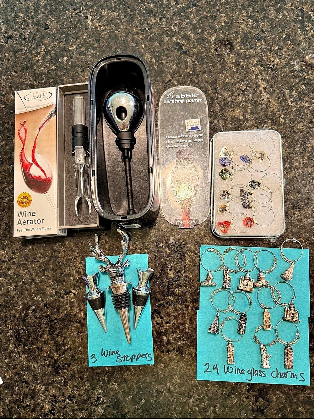 Wine accessories - 24pc Wine Glass Charms, 3 wine stoppers, 2 aerators in box